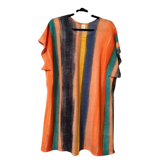 100% Polyester Orange Blue Gold Striped Scoop Neck Coverup Kimono One Size - Picture 1 of 8